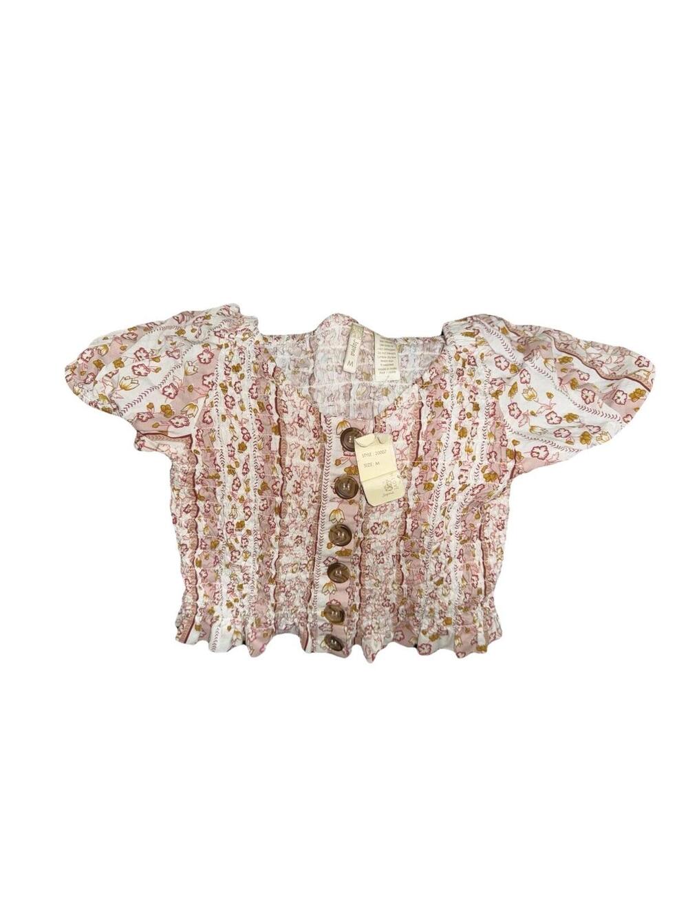 Med Floral Smocked Crop Top Boho Button Front flutter Cap Sleeve cottagecore